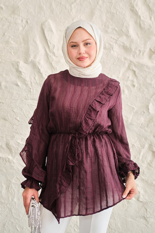 Önü Fırfırlı Ve Bağlama Detay Simli Tül Kumaş Tunik Bordo