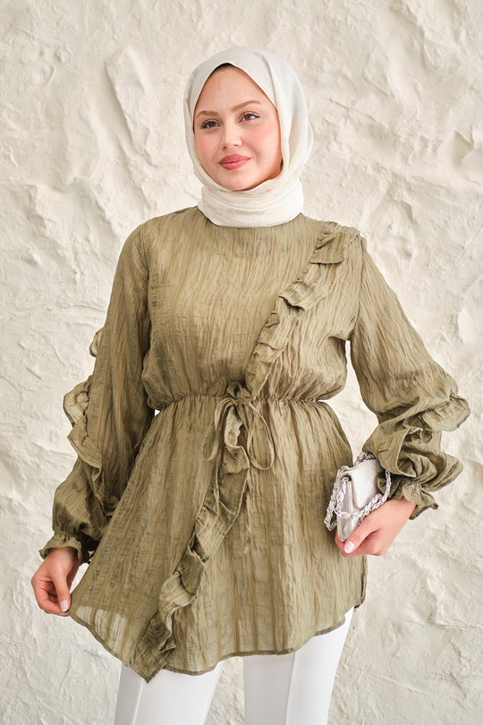 Önü Fırfırlı Ve Bağlama Detay Simli Tül Kumaş Tunik Yeşil