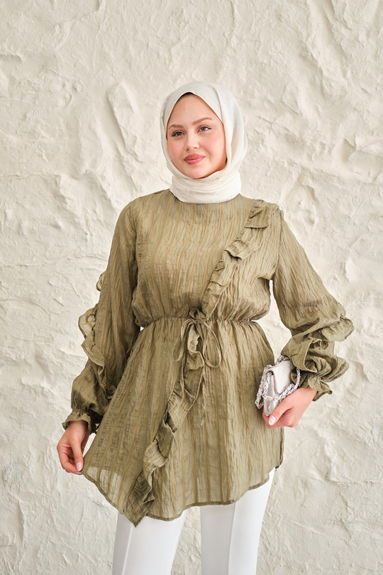 Önü Fırfırlı Ve Bağlama Detay Simli Tül Kumaş Tunik Yeşil