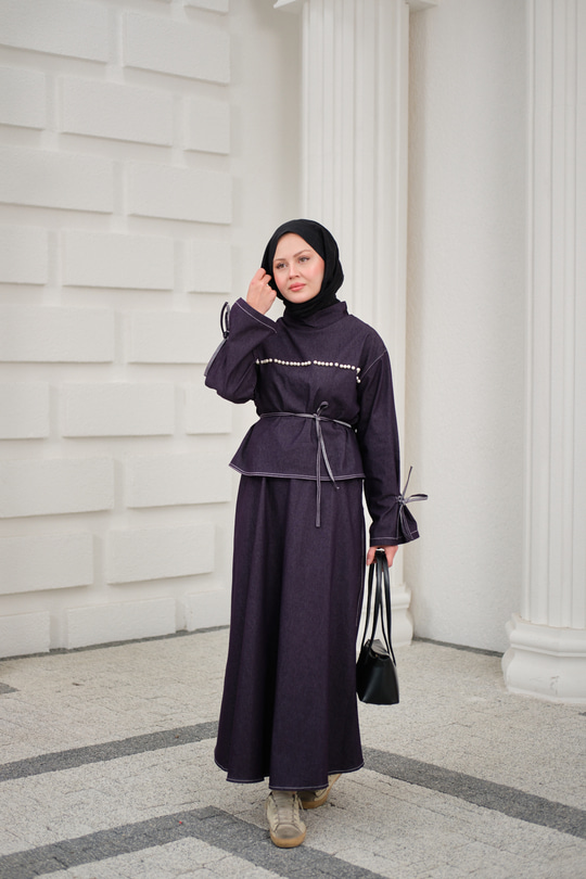 Önü İnci Detay Süs Dikiş Kemerli Hakim Yaka Takım Mor