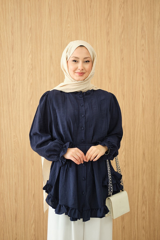 Önü Nervurlu Bel Bağlamalı Gömlek Lacivert
