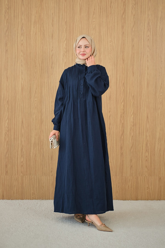 Önü Nervurlu Bisiklet Yaka Keten Elbise Lacivert