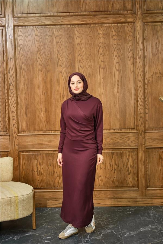 Önü Parça Detaylı Elbise Bordo
