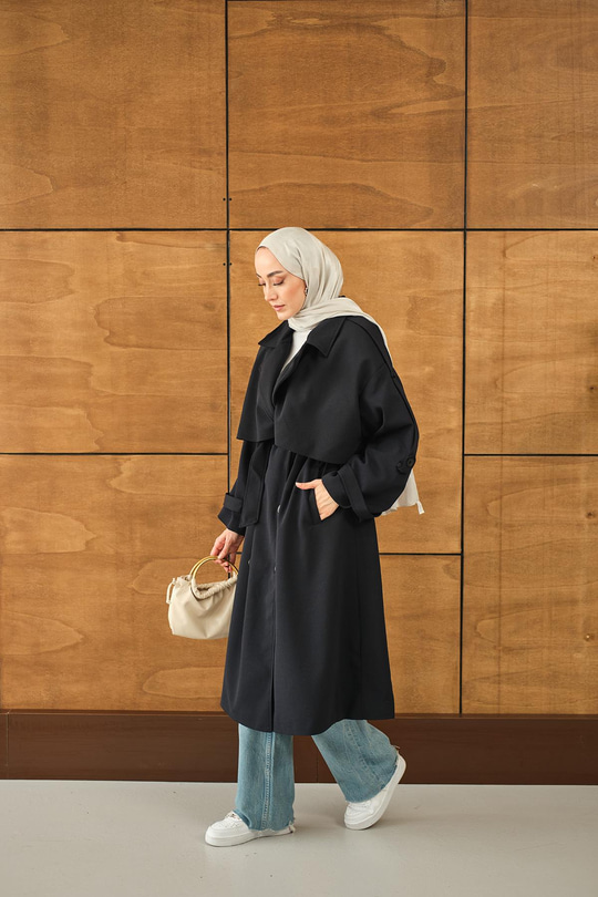 Önü Parça Detaylı Trenç Lacivert