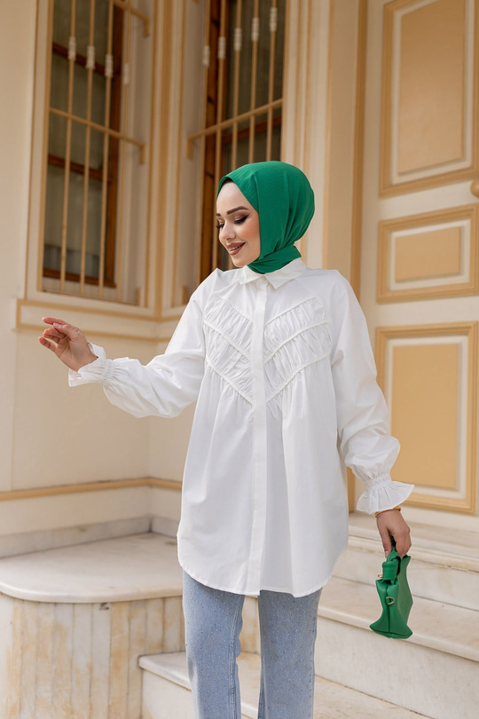 Önü Parça Roba Büzgülü Tunik Beyaz