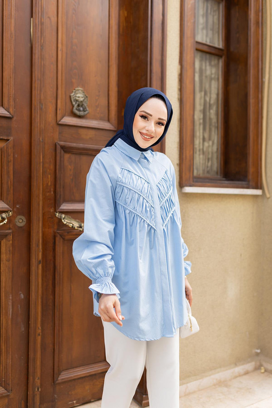 Önü Parça Roba Büzgülü Tunik Mavi