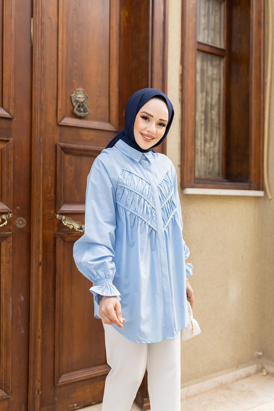 Önü Parça Roba Büzgülü Tunik Mavi