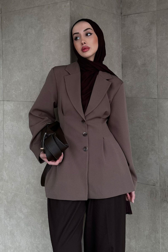 Önü Pens Detaylı Kruvaze Ceket Kahverengi