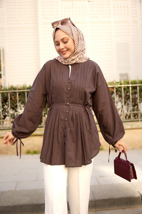 Önü Pile Detay Vual Gömlek Kahverengi