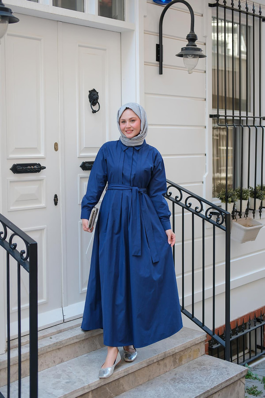 Önü Pileli Poplin Elbise  Lacivert