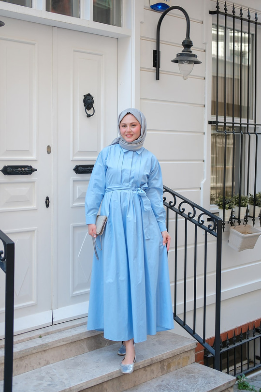 Önü Pileli Poplin Elbise Mavi