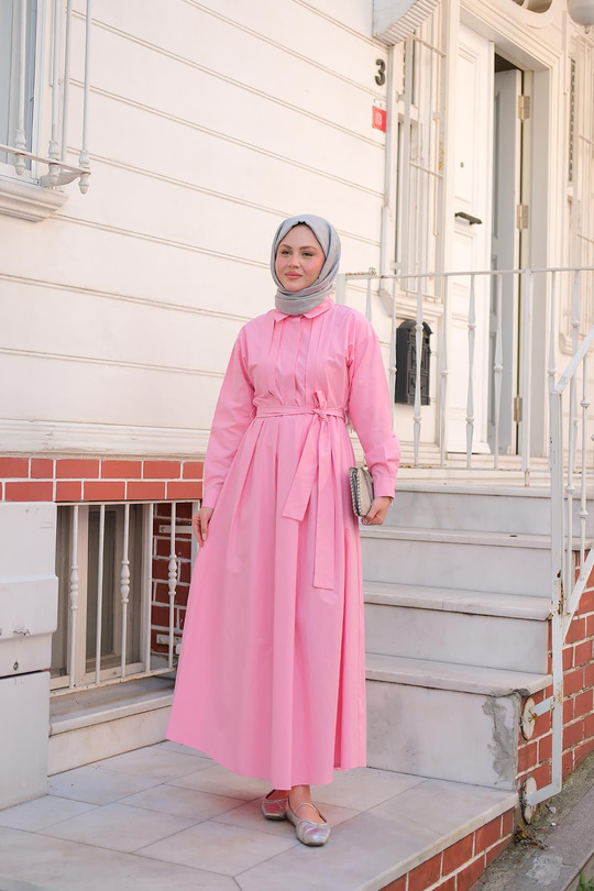 Önü Pileli Poplin Elbise  Pembe