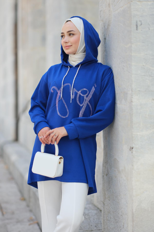 Önü Taş Detaylı Sweat Saks Mavi