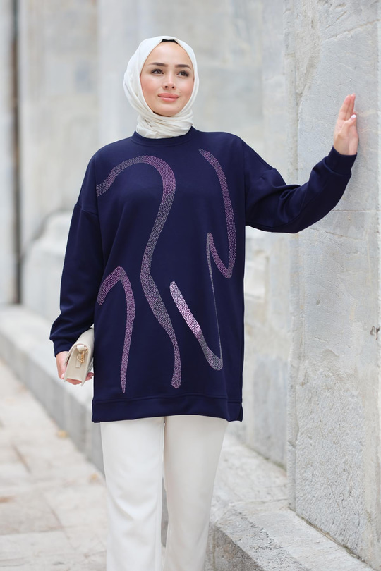 Önü Taş Detaylı Tunik Lacivert