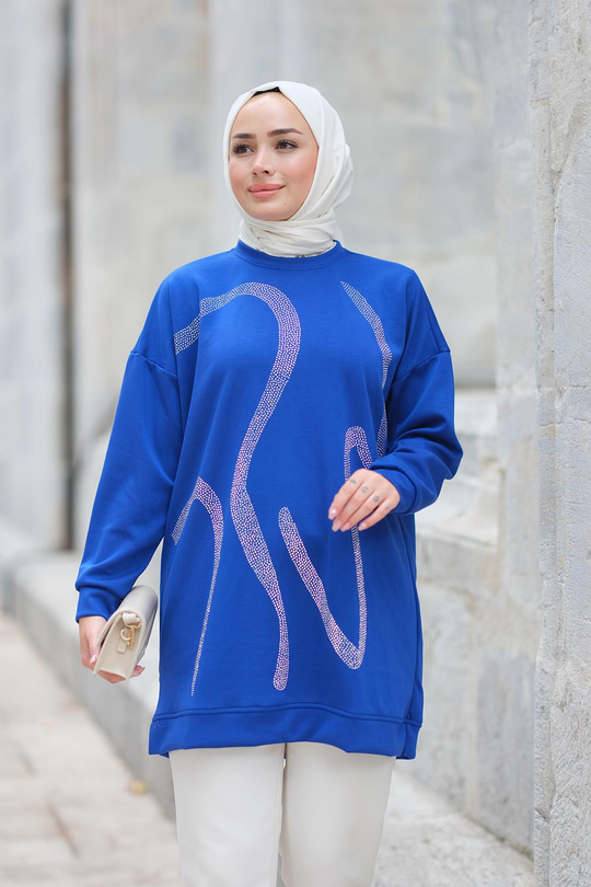 Önü Taş Detaylı Tunik Saks Mavi