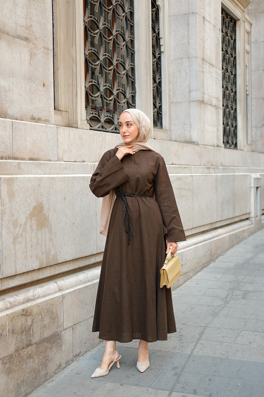 Örgü Bağlamalı Keten Elbise Kahverengi