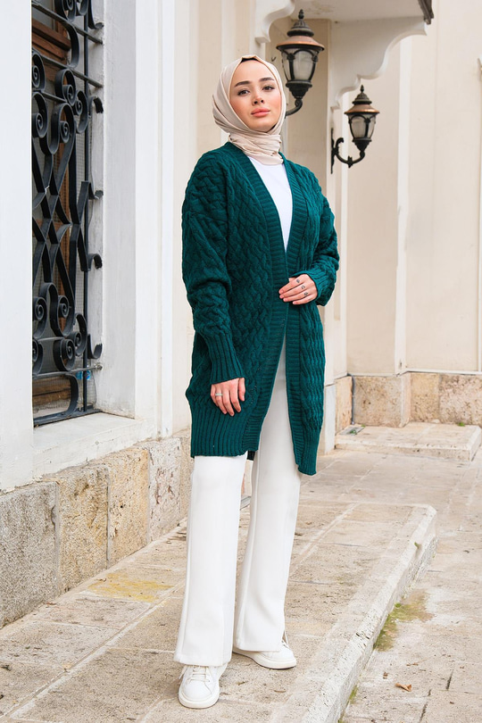 Örgü Desen Örme Hırka Zümrüt Yeşil