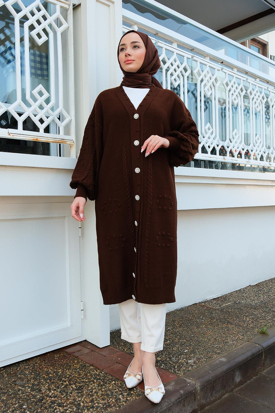 Örgü Desen Triko Hırka Kahverengi