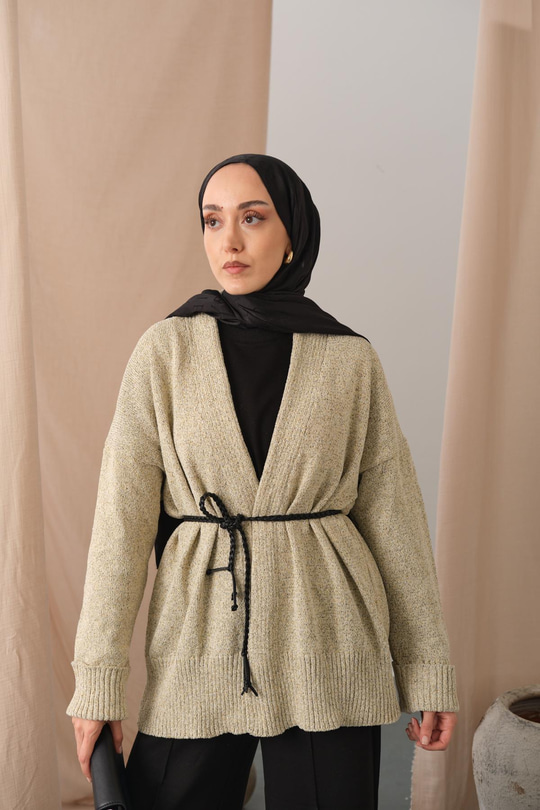 Örgü Detay Bel Bağlamalı Hırka Krem