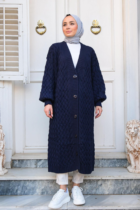 ORGU DETAYLI UZUN HIRKA LACIVERT