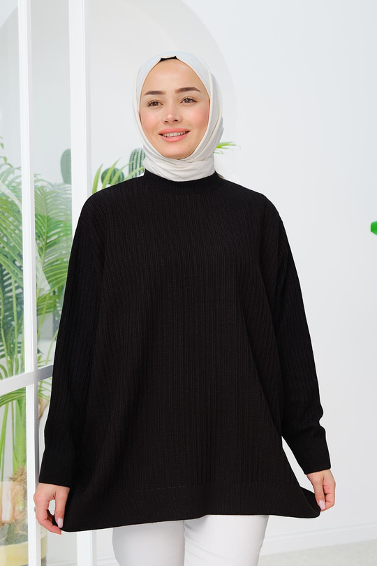 Oversize Bisiklet Yaka Triko Kazak Siyah