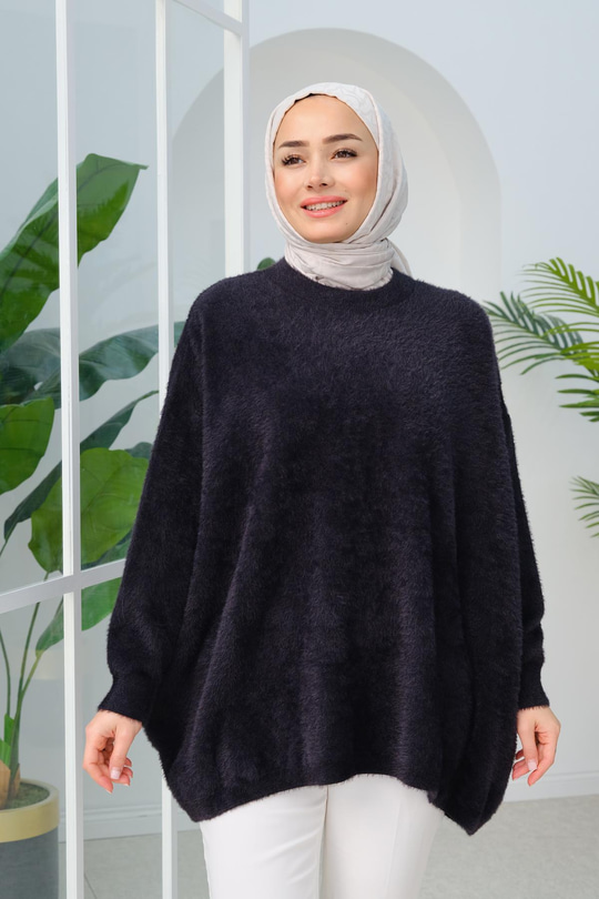 Oversize Kesim Peluş Kazak Siyah