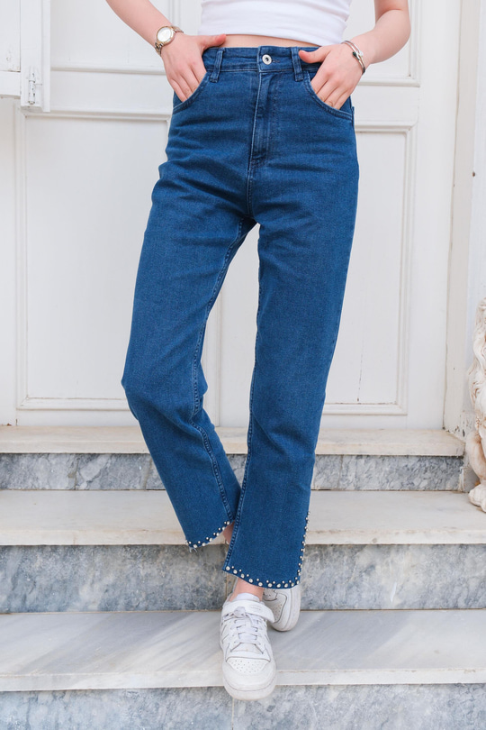 Paça Taşlı Kot Pantolon Mavi