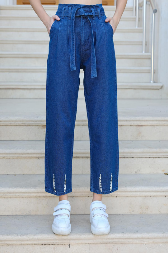 Paçası Taş Aksesuarlı Pantolon Koyu Mavi