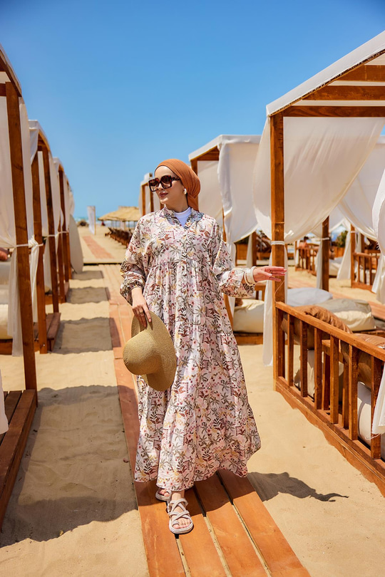 Palmiye Desen Elbise Kahverengi