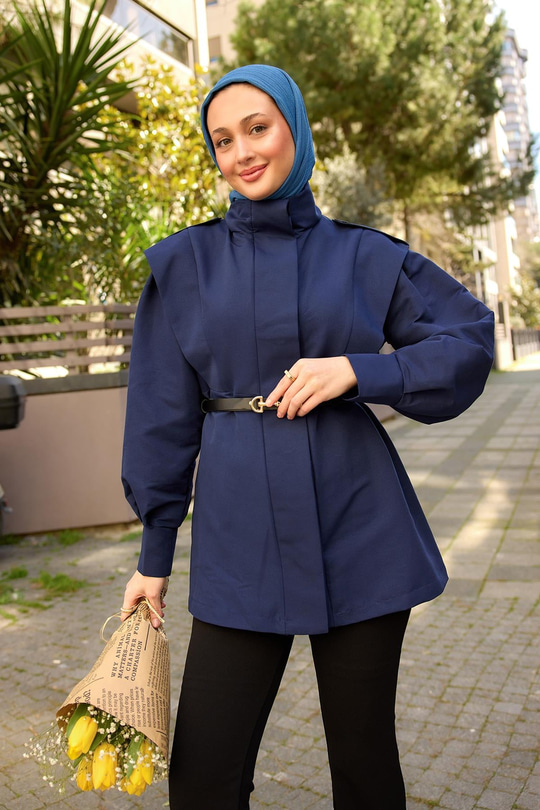 Palt Pensli Apoletli Kısa Trenç Lacivert