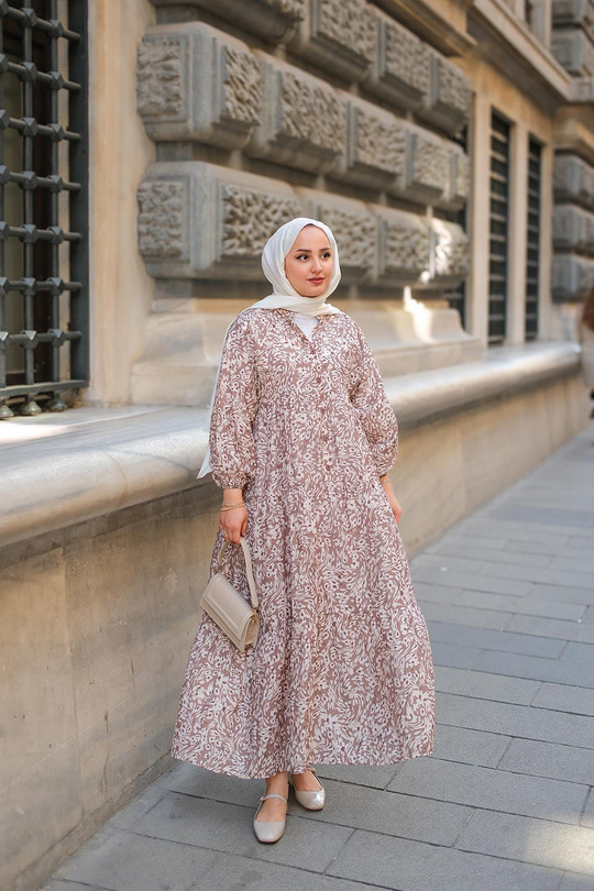 Papatya Desenli Elbise Açık Kahve