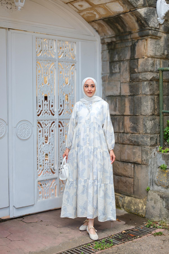 Papatya Desenli Elbise Açık Mavi