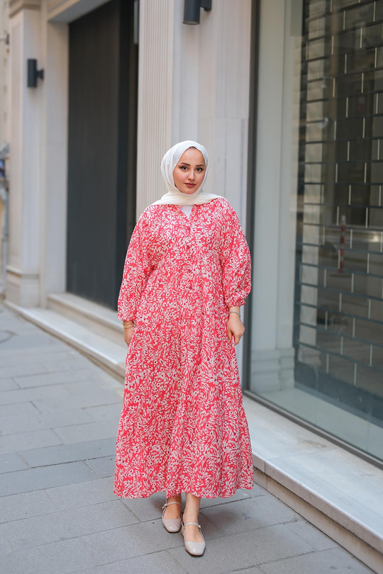 Papatya Desenli Elbise Kırmızı