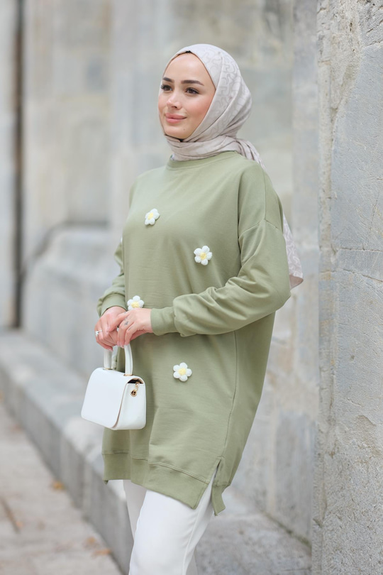 Papatya Nakışlı Tunik Haki Yeşil