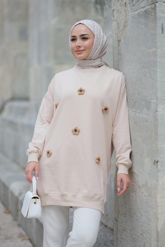 Papatya Nakışlı Tunik Krem