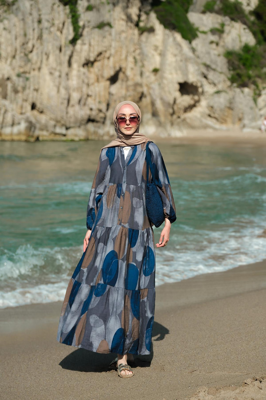 Parça Desenli Elbise Lacivert