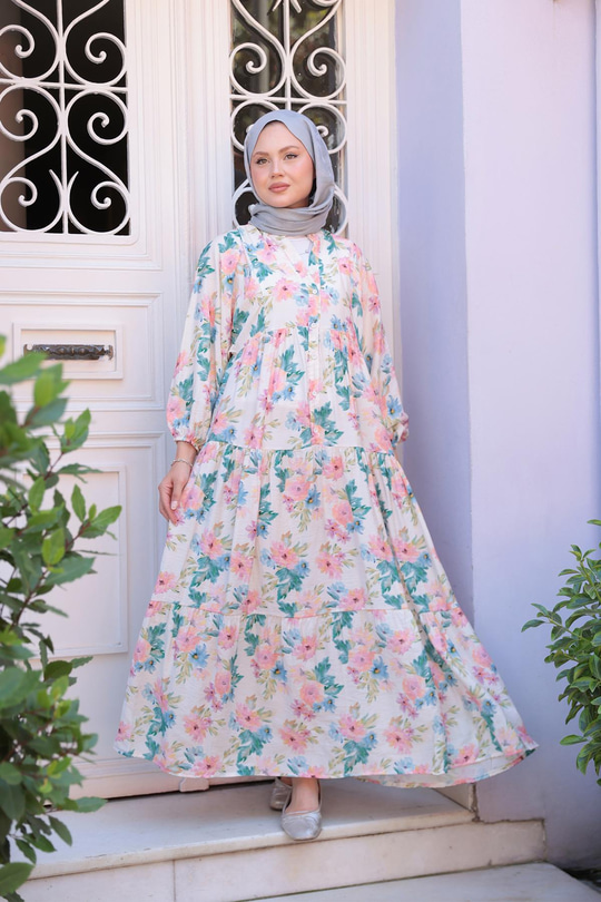 Pastel Çicek Desenli Elbise Pudra