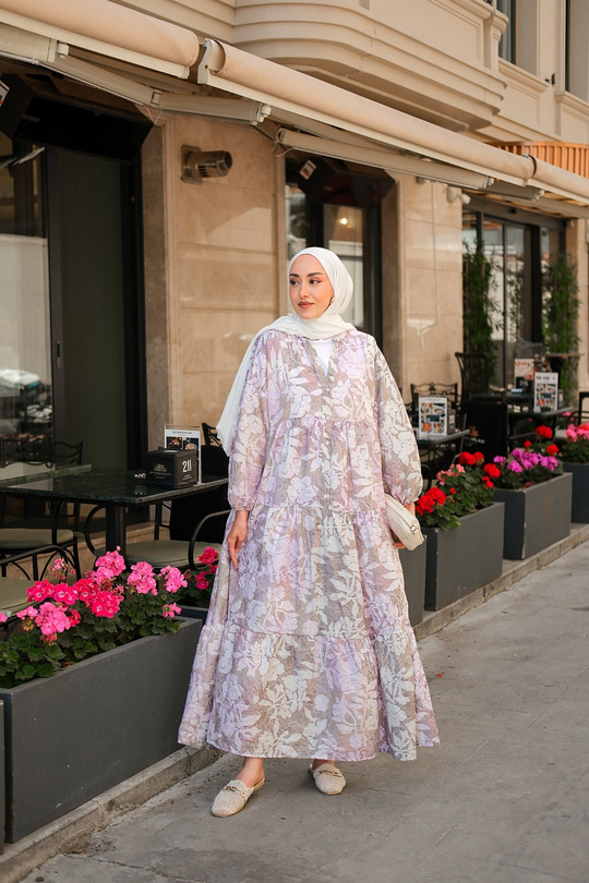 Pastel Çicekli Elbise Lila