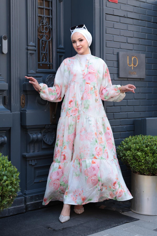 Pastel Desenli Elbise Pudra