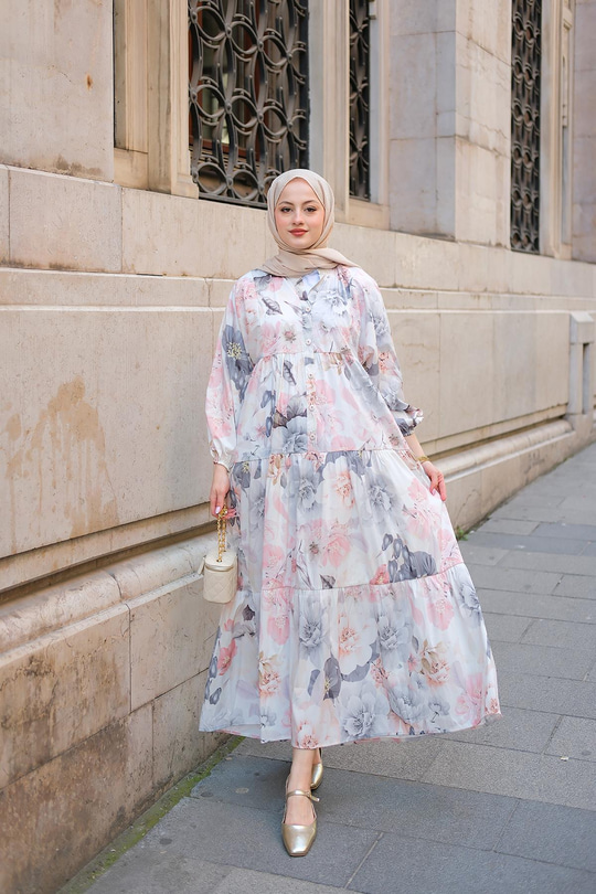 Pastel Gül Desenli Elbise Gri