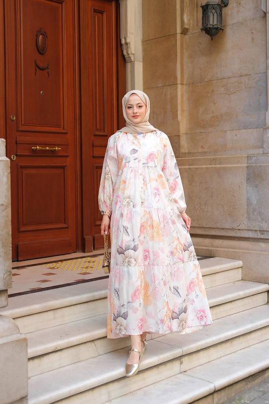 Pastel Gül Desenli Elbise Pudra