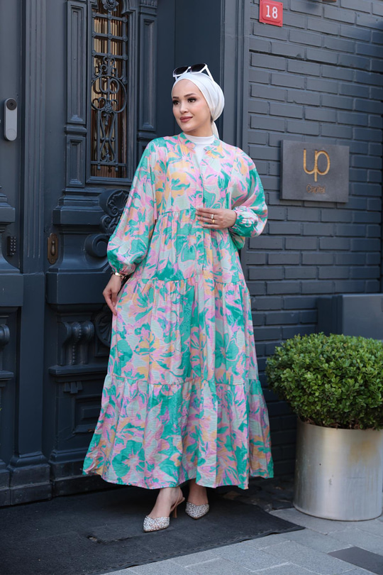 Pastel Mozaik Desen Elbise Yeşil