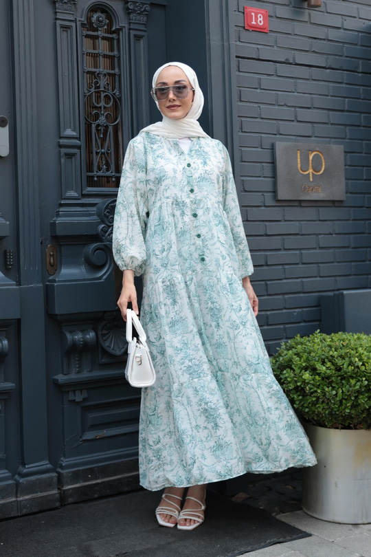 Pastoral Desen Elbise Yeşil