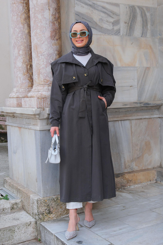 Pelerin Detay Bel Bağlamalı Trenckot Antrasit