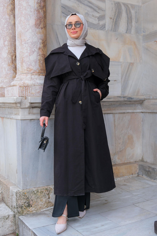 Pelerin Detay Bel Bağlamalı Trenckot Siyah