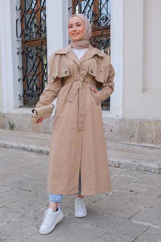 Pelerin Detay Bel Bağlamalı Trenckot Vizon