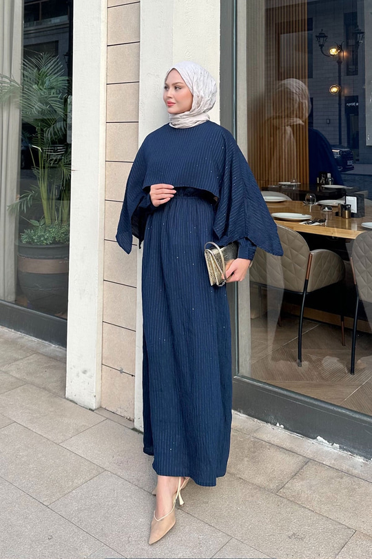 Pelerin Detay Çizgili Elbise Lacivert