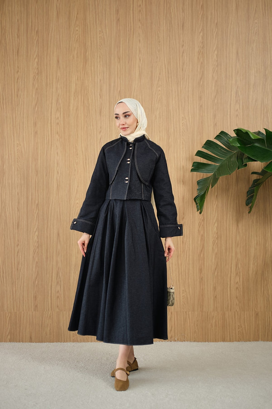 Pelerin Detay Gold Düğmeli Kot Takım Lacivert