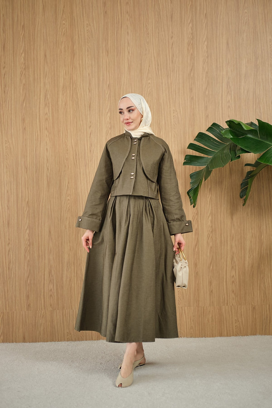 Pelerin Detay Gold Düğmeli Kot Takım Yeşil