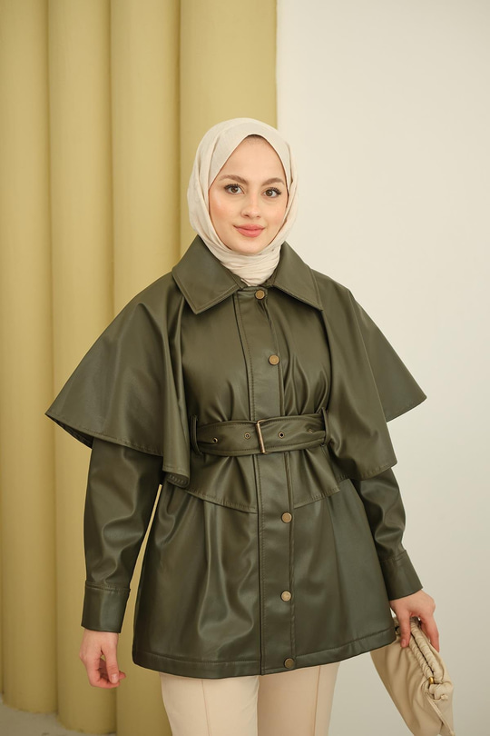 Pelerin Detay Kemerli Deri Trenç Haki Yeşil